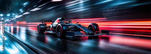 Formula 1 motor sport race car driver at high speed performance motion blur speed racing track in vibrant red colors. Generative AI
