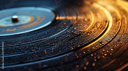 A black vinyl record reflecting warm tones of golden light photo