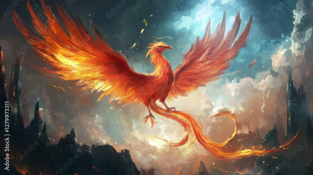 Fiery Phoenix in Flight Over Dark Mountains Fiery Phoenix in Flight Over Dark Mountains