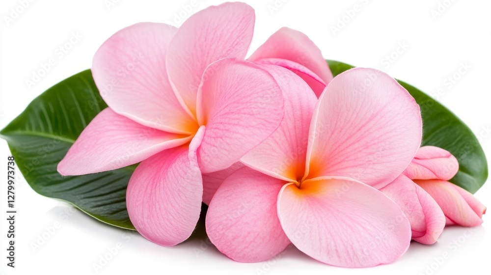 Obraz premium Pink Plumeria Flowers on Leaf with Soft Focus Background