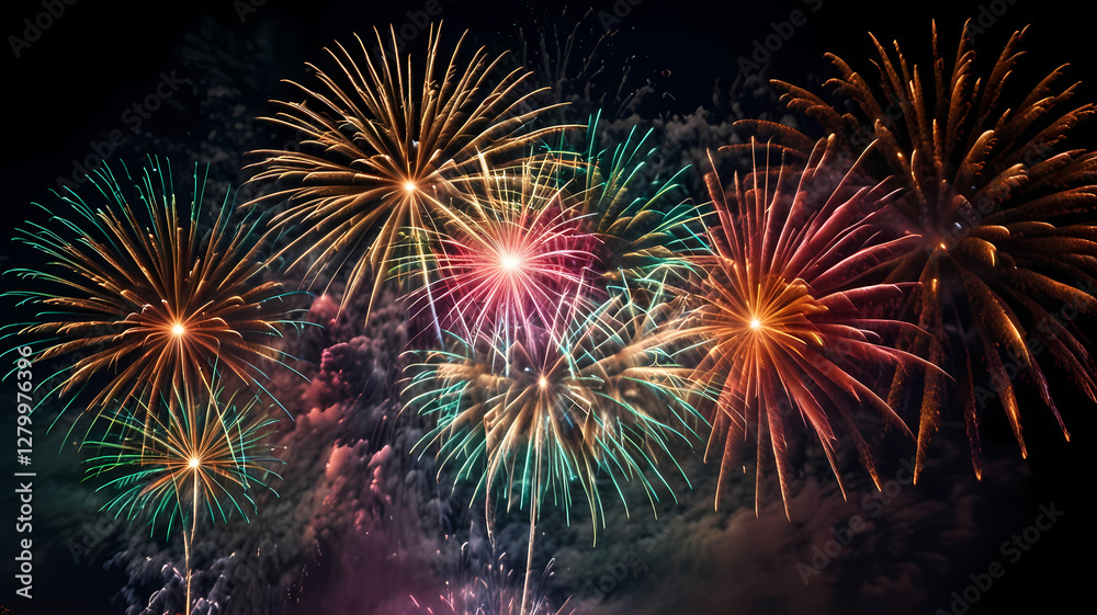 Fireworks Explosion in Night Sky: Captivating display of colorful fireworks illuminating the night, each burst leaving a trail of light and creating a vibrant spectacle. Fireworks Explosion in Night Sky: Captivating display of colorful fireworks illuminating the night, each burst leaving a trail of light and creating a vibrant spectacle.