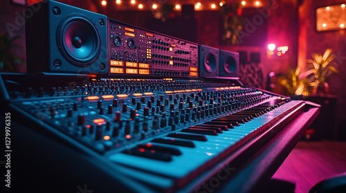 An illuminated recording studio mixing console with a keyboard instrument
