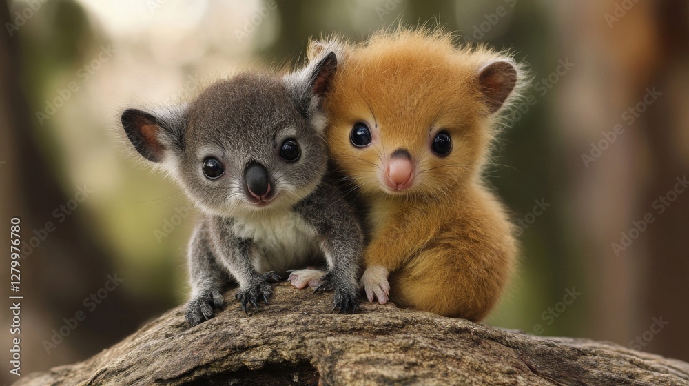 Fototapeta premium Two Adorable Baby Animals Cuddling on a Log