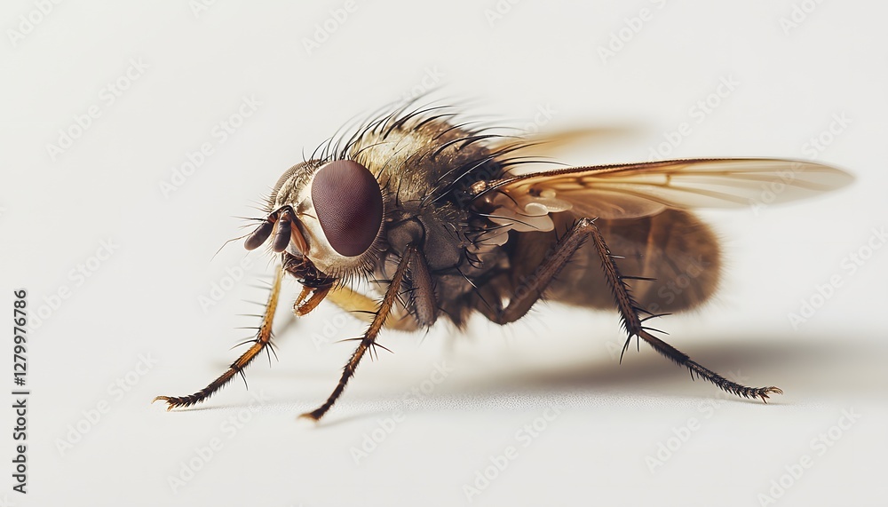 A common housefly features bristled legs and compound eyes A common housefly features bristled legs and compound eyes