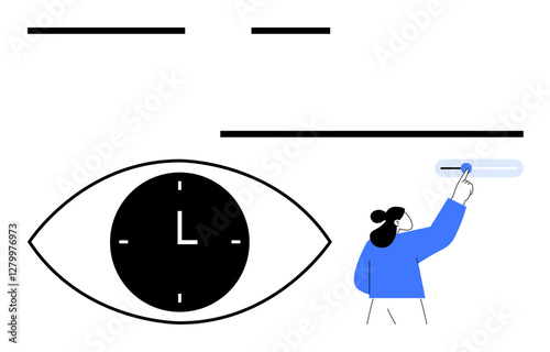 Large eye with clock, woman interacting with a slider, minimal lines. Ideal for productivity, time management, focus tracking, mindfulness, technology, user experience abstract line flat metaphor