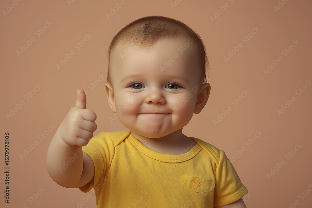 Child in Yellow Shirt Giving Thumbs-Up Against Pink Background, Chubby Face , Bright and Playful Scene Child in Yellow Shirt Giving Thumbs-Up Against Pink Background, Chubby Face , Bright and Playful Scene