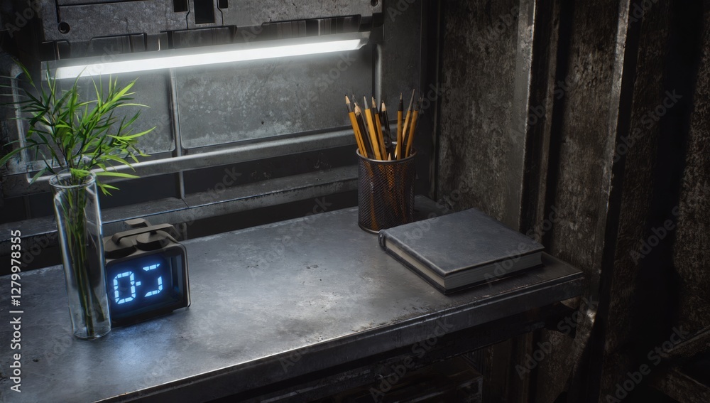 Obraz premium Industrial Workspace with Plants and Clock