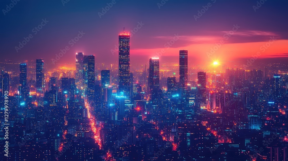 Fototapeta premium Cityscape sunset aerial view, urban lights, modern buildings, vibrant background