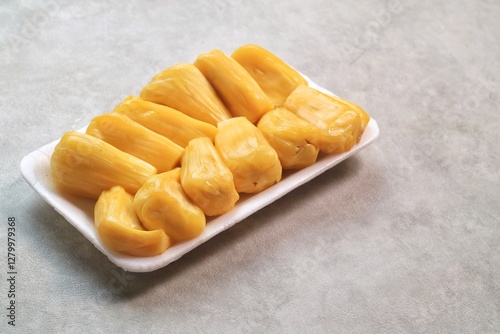 fresh yellow jackfruit or Nangka isolated on white background. Top View. 
 photo