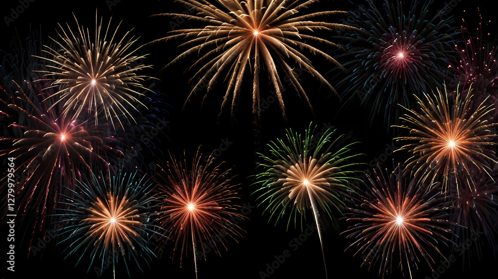 Fireworks Extravaganza: A dazzling display of vibrant fireworks explodes against the night sky. Fireworks Extravaganza: A dazzling display of vibrant fireworks explodes against the night sky.