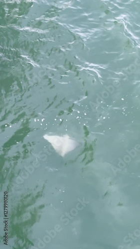 Afternoon joyful view of a stingray smoothly glides over a colorful on ocean surface , showcasing its elegant movements in vertical video. 