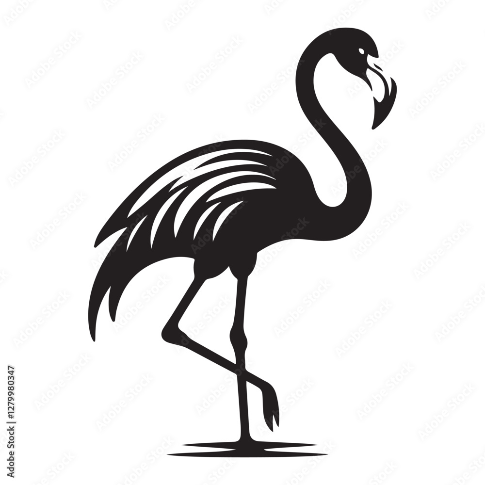 Fototapeta premium Flamingo Bird Silhouette Vector Illustration, Solid White Background.