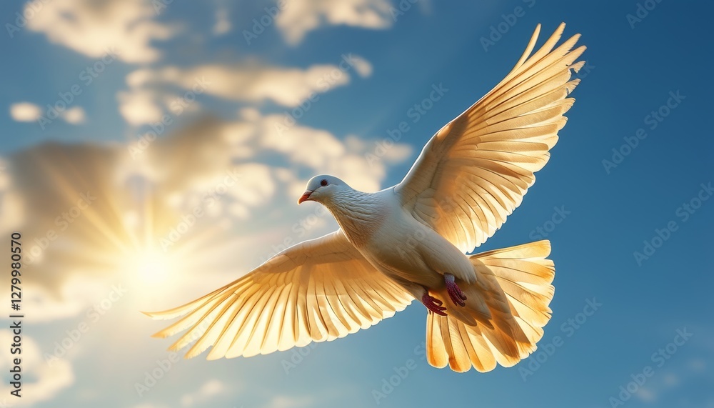 Obraz premium Graceful Dove Soaring Through Glowing Sun Rays