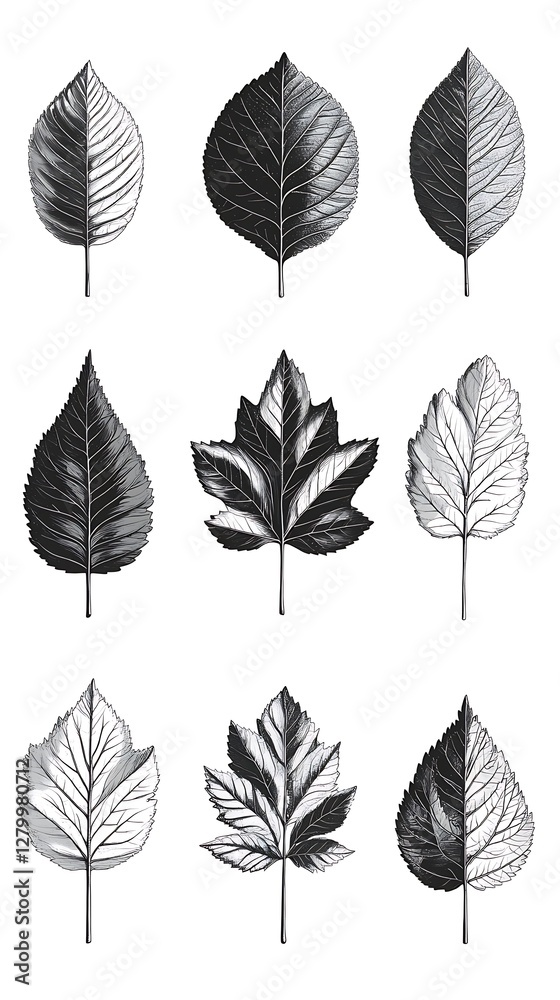 Obraz premium Grayscale leaf illustrations collection