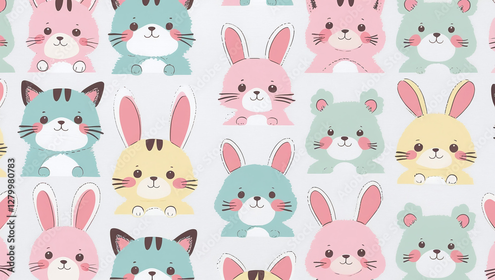 Adorable seamless pattern with kawaii-style cats, dogs, bunnies, and bears. Adorable seamless pattern with kawaii-style cats, dogs, bunnies, and bears.