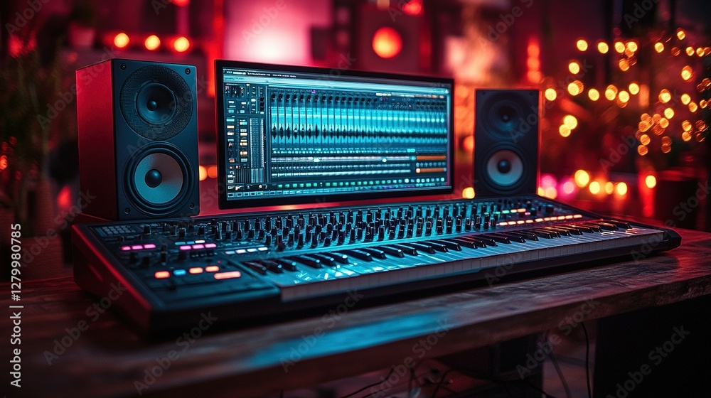 Recording studio setup featuring computer and studio equipment with lights
