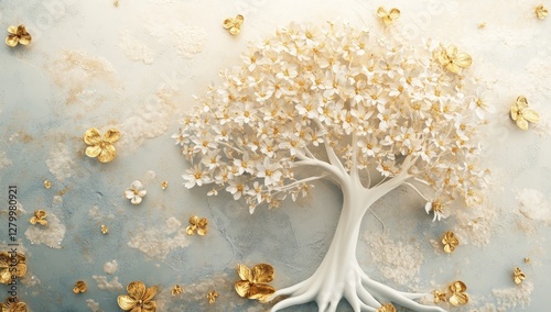 Modern 3D white tree of life with golden floral motifs wallpaper design, elegant solution for luxury interior decor, boutique hotel branding and artisanal packaging surfaces.
