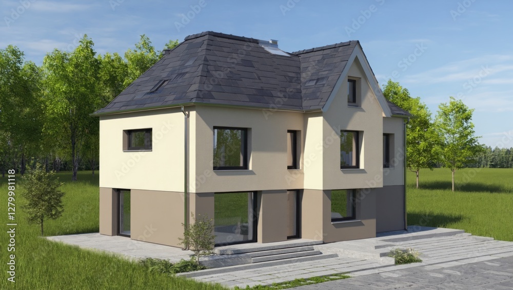 Modern house exterior in a grassy field. Possible use Stock photo for real estate Modern house exterior in a grassy field. Possible use Stock photo for real estate