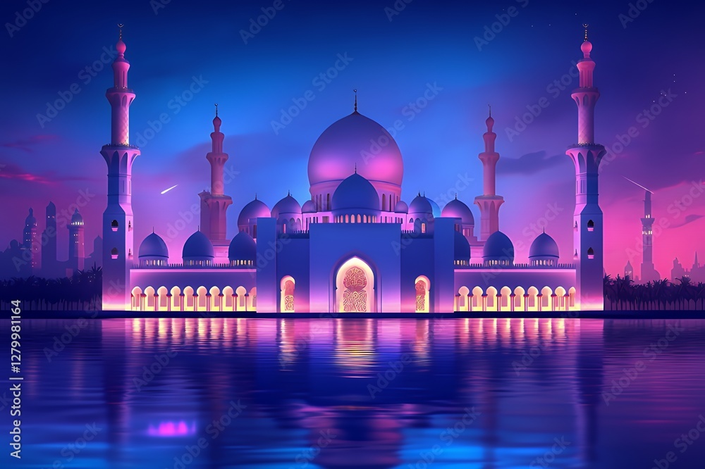 Fototapeta premium Majestic Mosque Illuminated at Twilight Reflecting in Water
