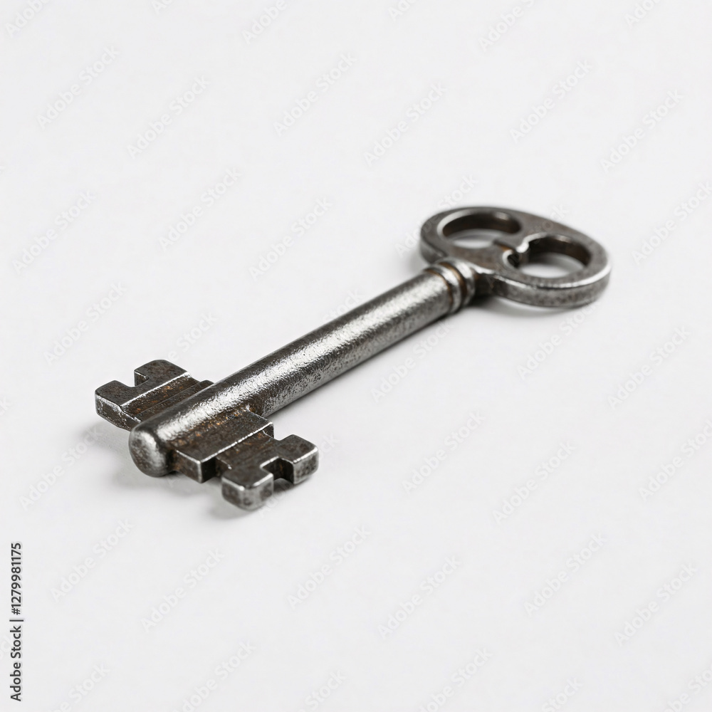 Old key on a white background. Macro. Selective focus front view Old key on a white background. Macro. Selective focus front view