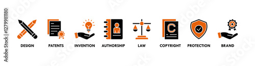 Intellectual property banner web icon vector illustration concept for trademark with icon of design, patents, invention, authorship, law, copyright, protection, and brand