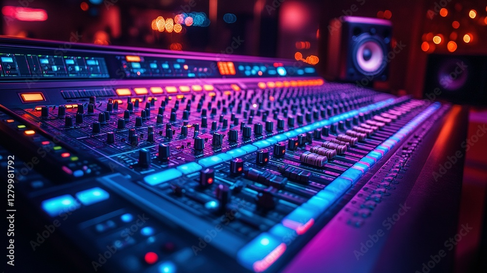 The professional mixing console in a neon lit recording studio The professional mixing console in a neon lit recording studio