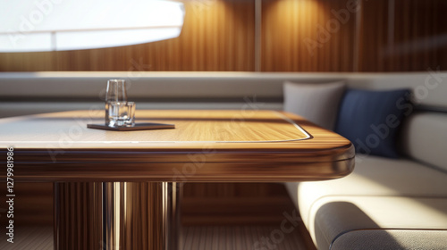 The luxurious interior of a yacht features an elegant table design showcasing high-end furniture and sophisticated decoration.  AI generative photo