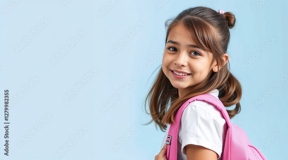 Schoolgirl Posing With School Backpack Smiling To Camera Standing Over Light Blue Background Schoolgirl Posing With School Backpack Smiling To Camera Standing Over Light Blue Background