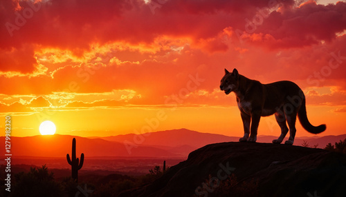 Puma silhouette against vibrant sunset sky, desert solitude
