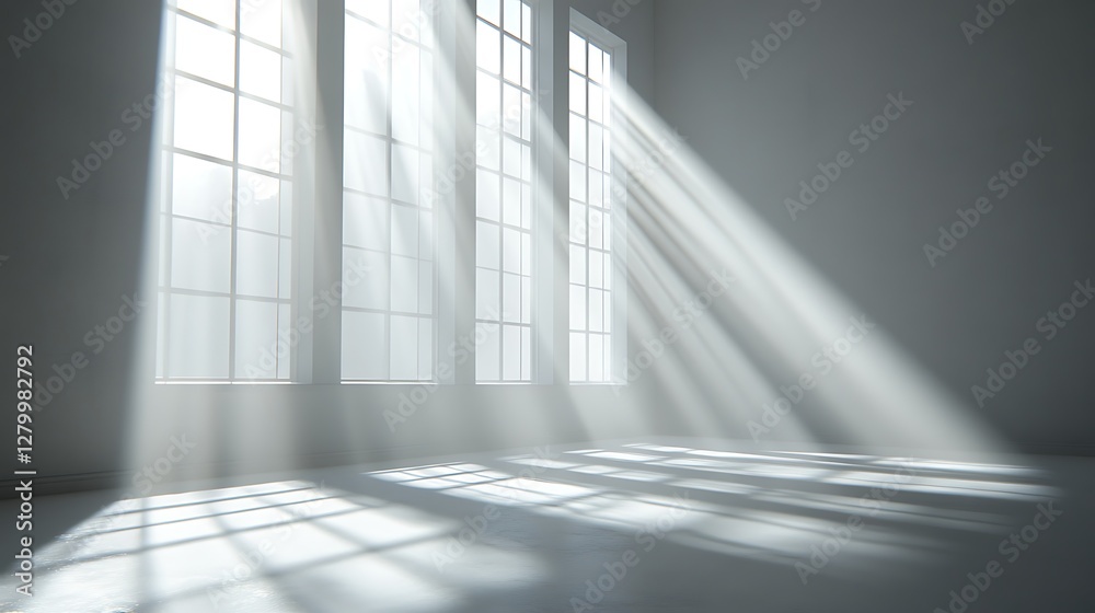 Obraz premium Sunlight streams through large windows in a minimalist room