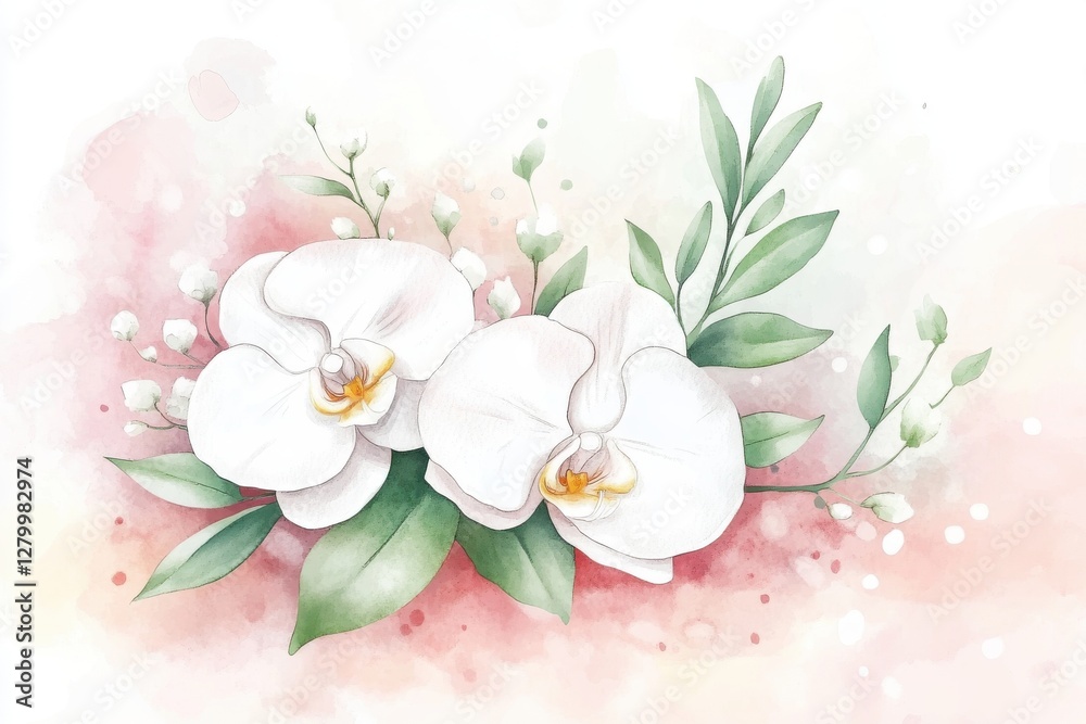 Fototapeta premium A beautiful illustration of white orchids surrounded by lush green leaves, highlighting their elegance and grace in a soft pastel background.