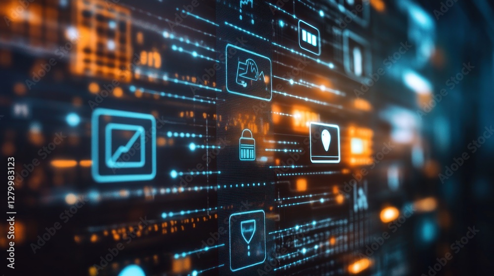 Abstract digital interface with glowing icons and data streams. Abstract digital interface with glowing icons and data streams.