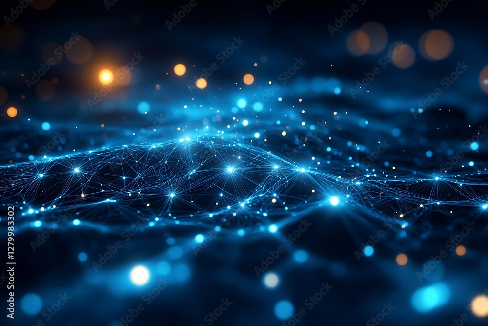 Obraz premium Digital network, glowing nodes, dark background, abstract tech