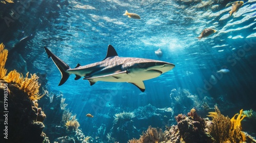 Gray Reef Shark Swimming in Vibrant Coral Reef Underwater
