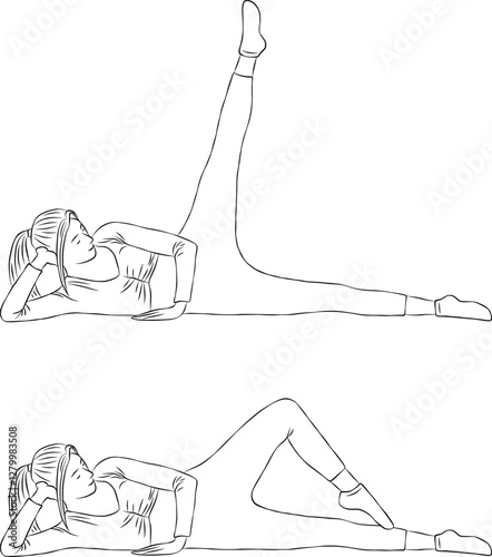 Side leg raise pose, Woman outline illustration, yoga and pilates exercise.