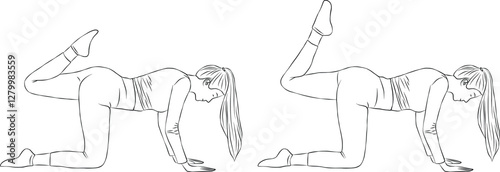 Glute kick back pose, Woman outline illustration, yoga and pilates exercise.