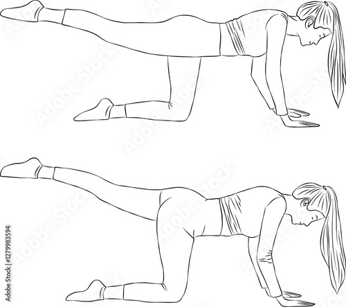 Glute kick back pose, yoga and pilates exercise, Woman outline illustration.