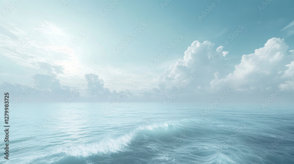 Naklejka premium The mist over the light blue waves of the ocean creates a serene, calm atmosphere. AI generative
