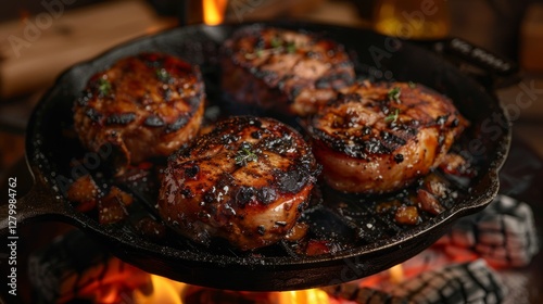 Pork medallions are searing on a hot cast iron skillet, releasing savory aromas in the warm evening air, as flames flicker beneath, enhancing the outdoor barbecue atmosphere. photo