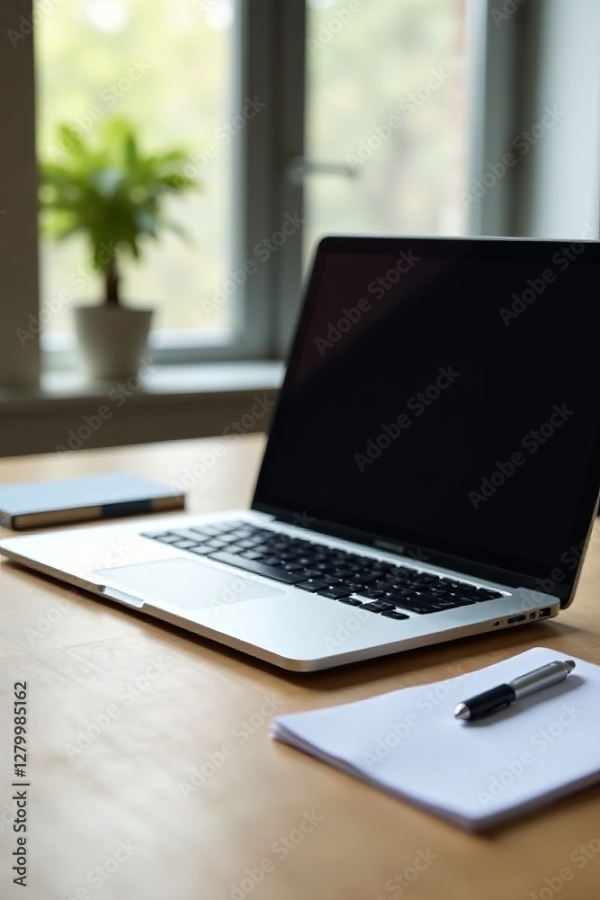 Modern laptop on tidy office desk with notepad and pen, work, business, gadgets Modern laptop on tidy office desk with notepad and pen, work, business, gadgets