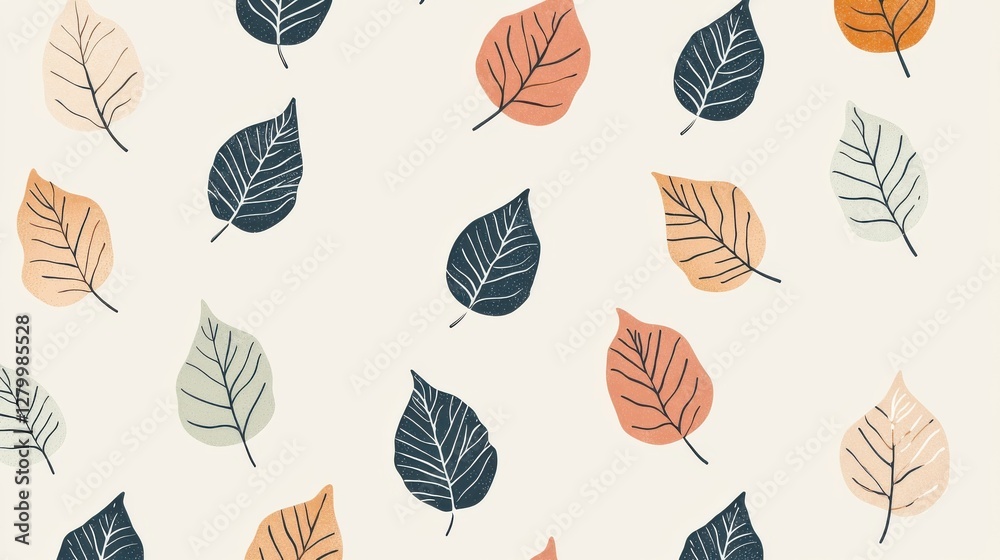 Fototapeta premium A seamless pattern featuring stylized leaves in various colors. Ideal for backgrounds, textiles, or nature-themed projects. Perfect for seasonal designs.