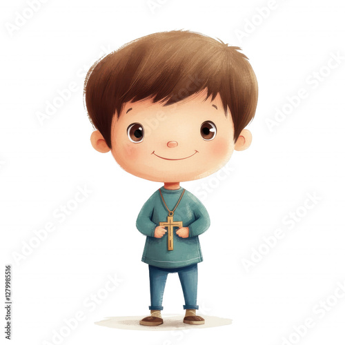 Cartoon Boy with Christian Necklace – Aquarellist Style, Adobe Photoshop photo