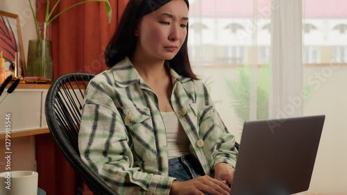 Tired fatigued Asian Korean woman worker laptop computer businesswoman employer unwell health problem indoor female feeling pain head ache migraine headache stress office exhausted business girl home