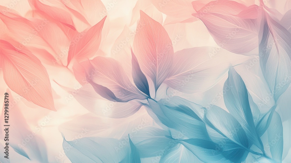A serene pattern of soft, pastel leaves blending in shades of pink and blue. Ideal for creating a calming and tranquil atmosphere in any design. A serene pattern of soft, pastel leaves blending in shades of pink and blue. Ideal for creating a calming and tranquil atmosphere in any design.