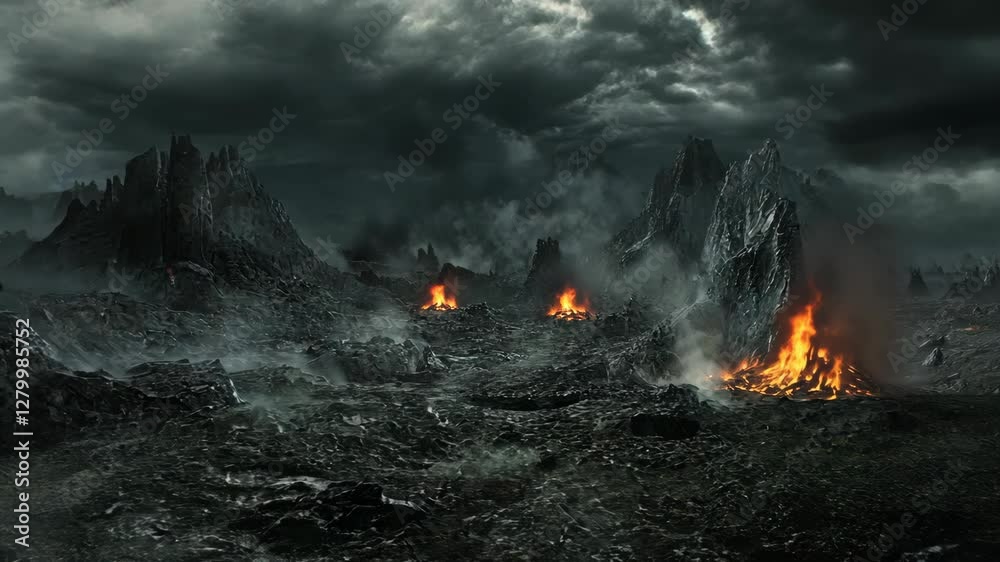 Dark volcanic landscape with fiery lava and ominous clouds creating a dramatic atmosphere in a desolate terrain