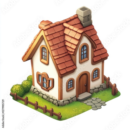 Cute cottage home, isometric view, garden, peaceful background