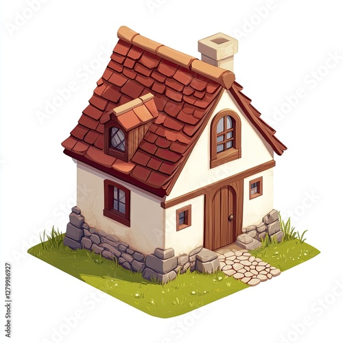 Isometric cozy cottage on grassy patch, sunlight