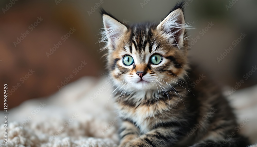 Cute Tabby Kitten Sitting on Soft Blanket with Beautiful Green Eyes Cute Tabby Kitten Sitting on Soft Blanket with Beautiful Green Eyes