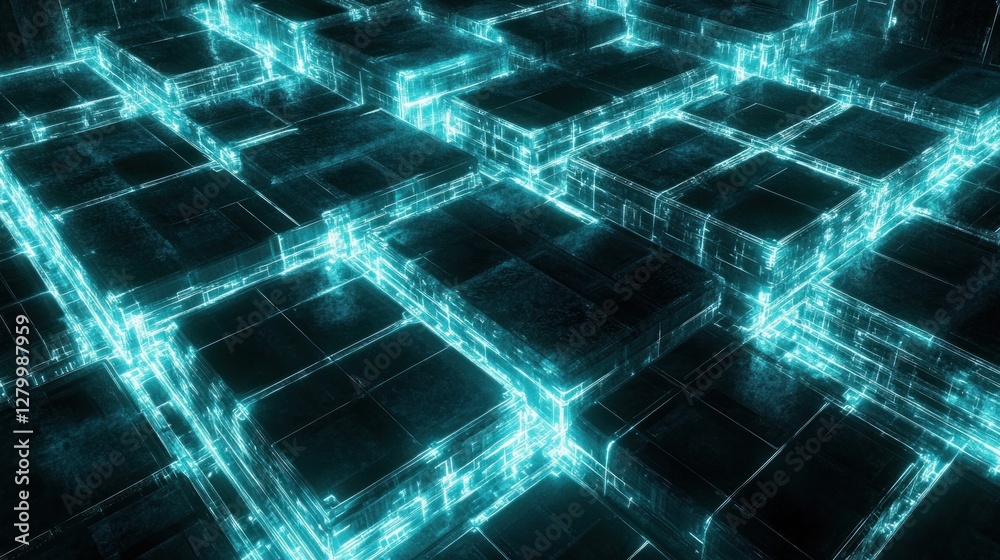 Abstract Digital Cubes: Glowing Teal Network Abstract Digital Cubes: Glowing Teal Network