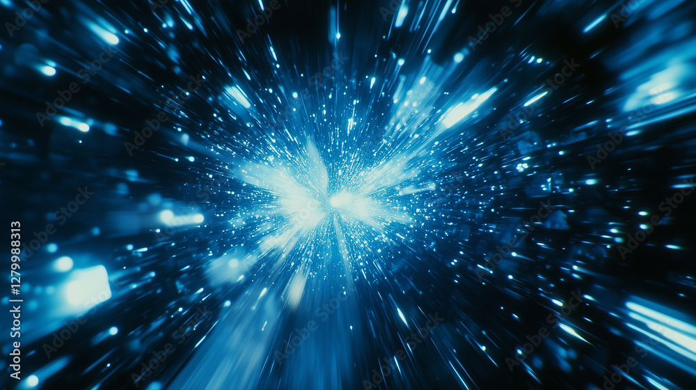 Fototapeta premium Abstract Blue Data Streams with Glowing Dots and Lines Depicting AI Core Computation in Futuristic Tech Scene